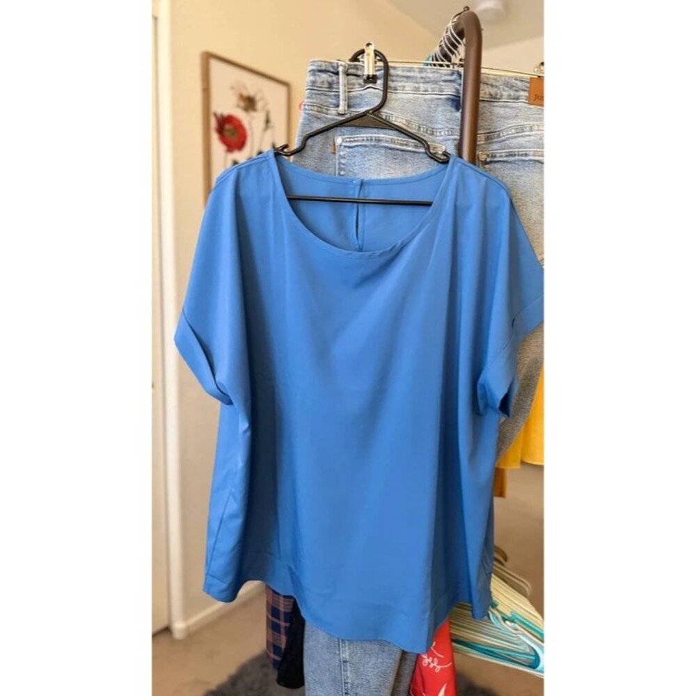 Light Blue Short Cuff Sleeve Blouse 4XL